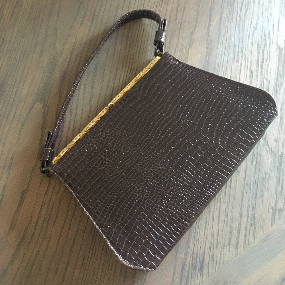 Vintage Handbag Chocolate Brown Croc Pattern with gold tone trim by After Five - Picture 5 of 16